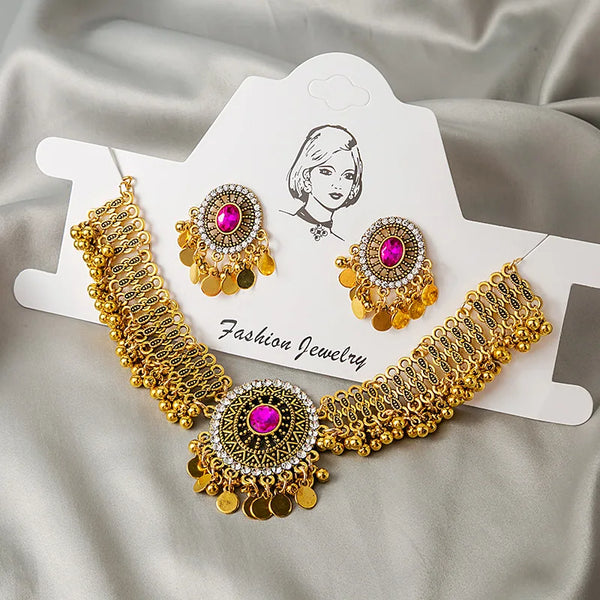 Luxury Retro Crystal Bridal Jewelry Sets for Women Ethnic Indian Gold Plated Wedding Necklace Earrings Sets Valentine's Day Gift