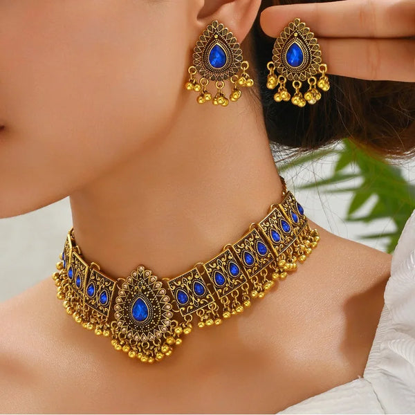 DAIHE 2024 New Fashion Indian Bollywood Traditional Crystal Wedding Temple Choker Necklace Earrings Jewelry Set