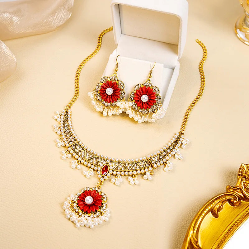 Luxury Retro Crystal Bridal Jewelry Sets for Women Ethnic Indian Gold Plated Wedding Necklace Earrings Sets Valentine's Day Gift