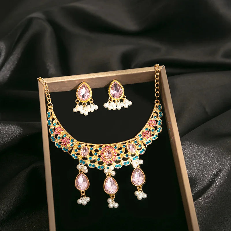 Luxury Retro Crystal Bridal Jewelry Sets for Women Ethnic Indian Gold Plated Wedding Necklace Earrings Sets Valentine's Day Gift