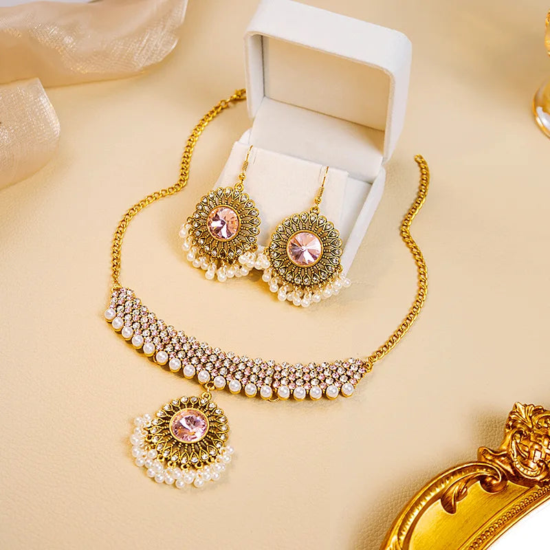 Luxury Retro Crystal Bridal Jewelry Sets for Women Ethnic Indian Gold Plated Wedding Necklace Earrings Sets Valentine's Day Gift