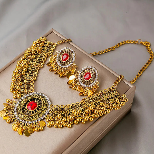 Luxury Retro Crystal Bridal Jewelry Sets for Women Ethnic Indian Gold Plated Wedding Necklace Earrings Sets Valentine's Day Gift